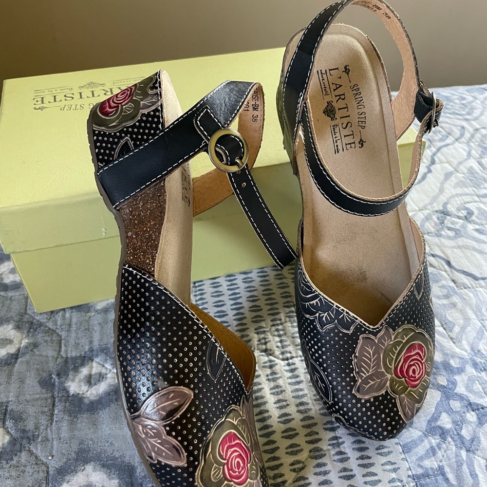 L’ artiste Black Floral Leather Ankle-Strap Heels